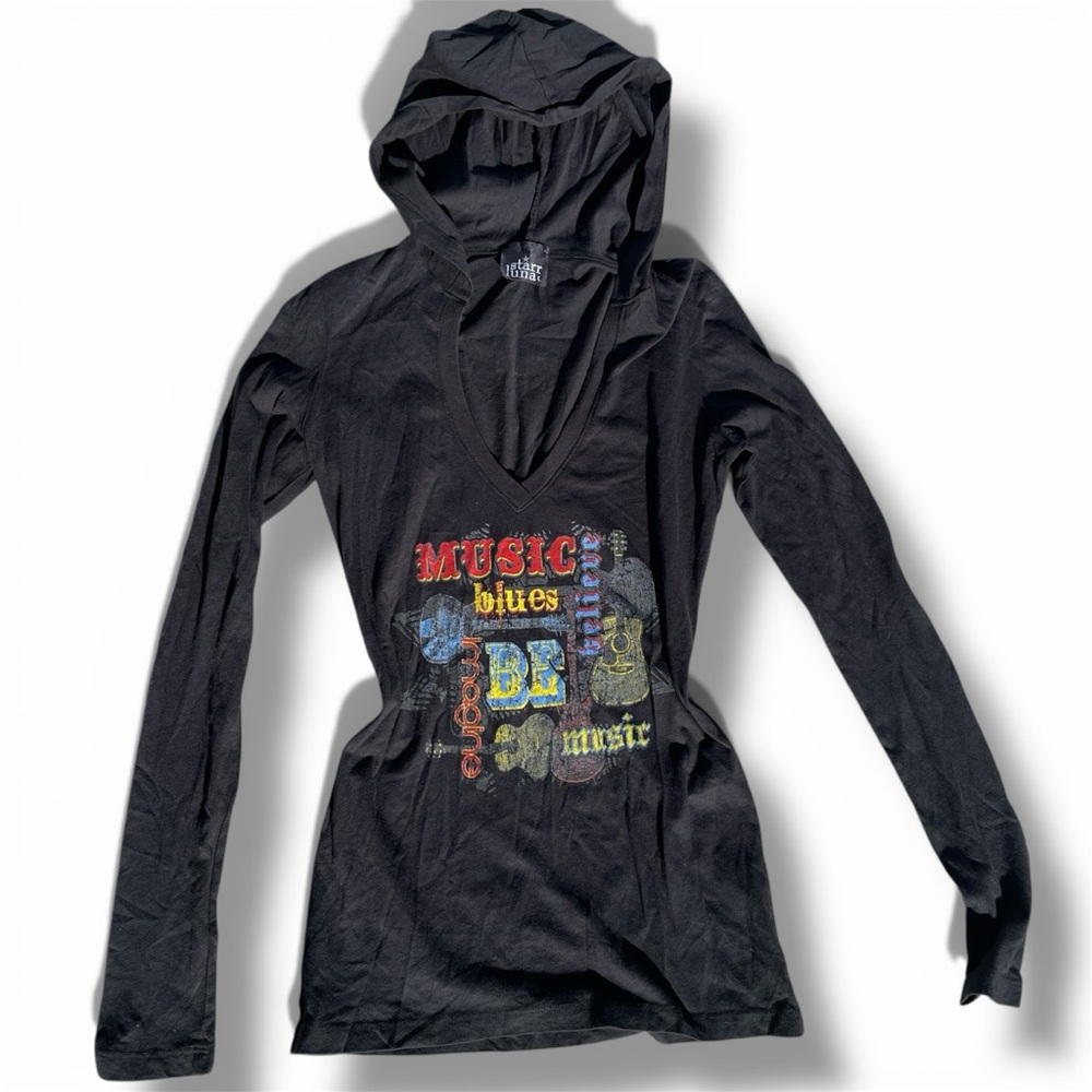 Vintage-Style Black Graphic V-Neck Hoodie - Indie Vanguard / Y2K S